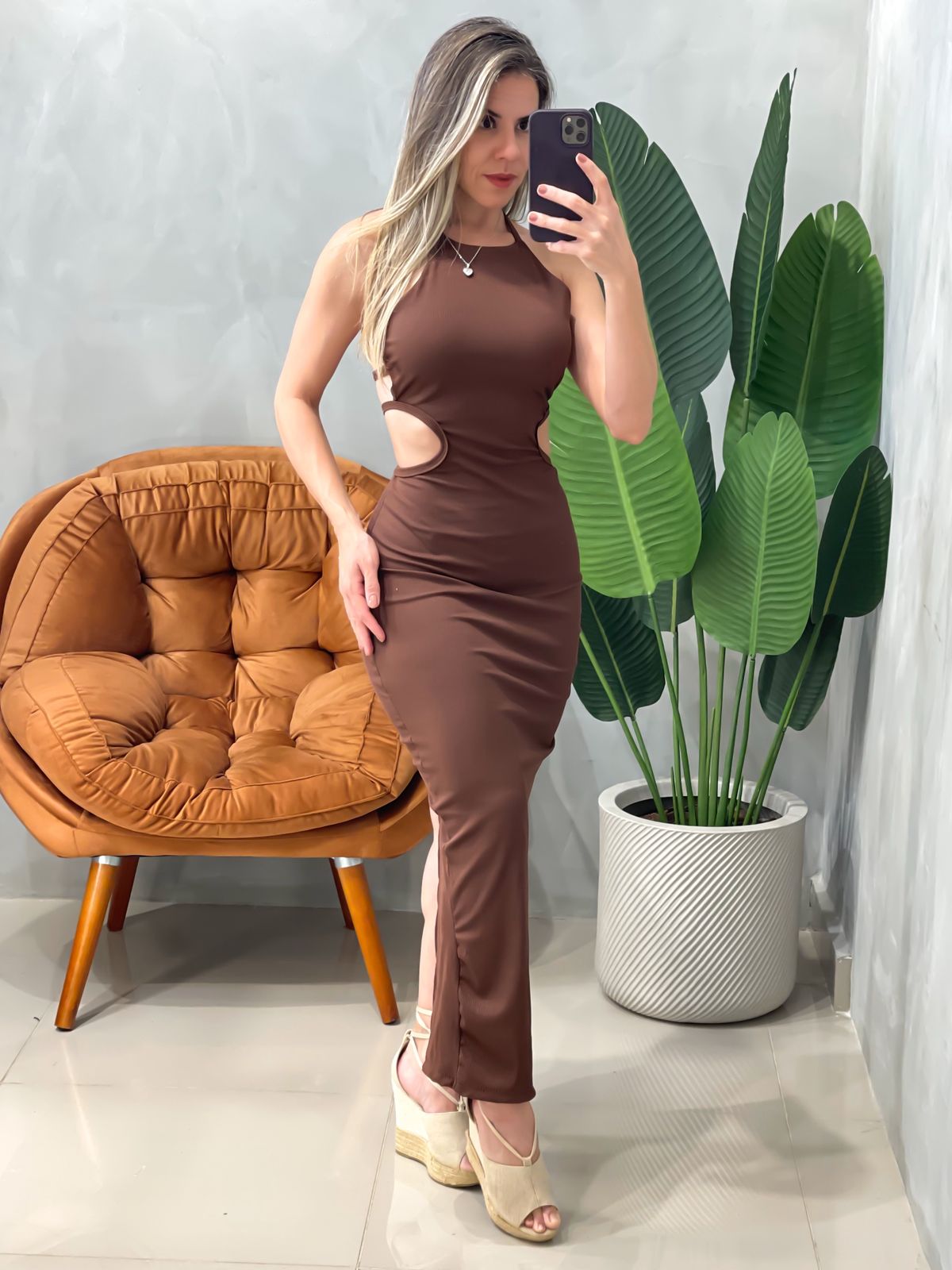 Vestido Longo em Ribana de Alça com Recortes Laterais Geovana Ref. 1763