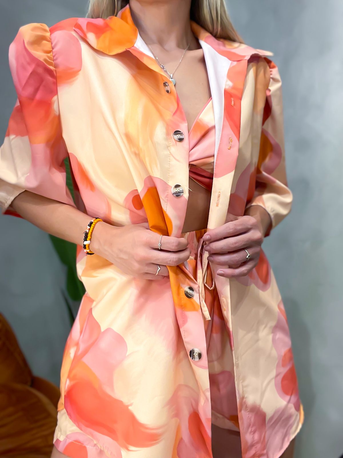 Conjunto em Crepe Camisa com Top e Shorts Estampado Beatriz Ref. 1820